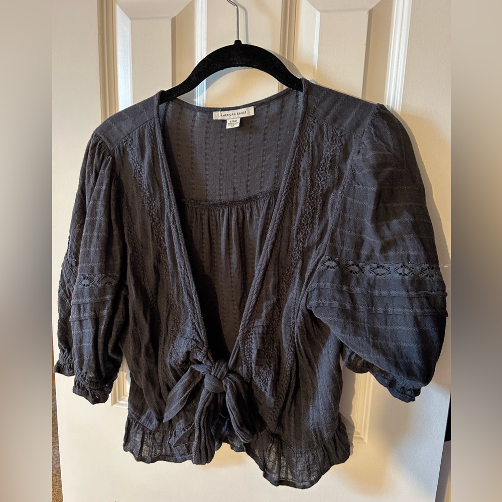 American Eagle Dark Gray Crop Wrap Tie Front Top